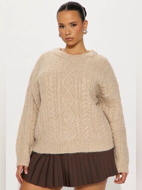 Fashion Nova Plus Size Cable Knit Crewneck Sweater - Taupe